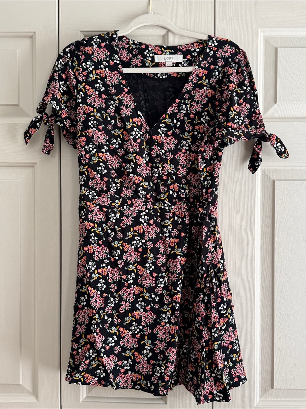 LOFT Black Floral Wrap Romper with Pink and White Blossoms